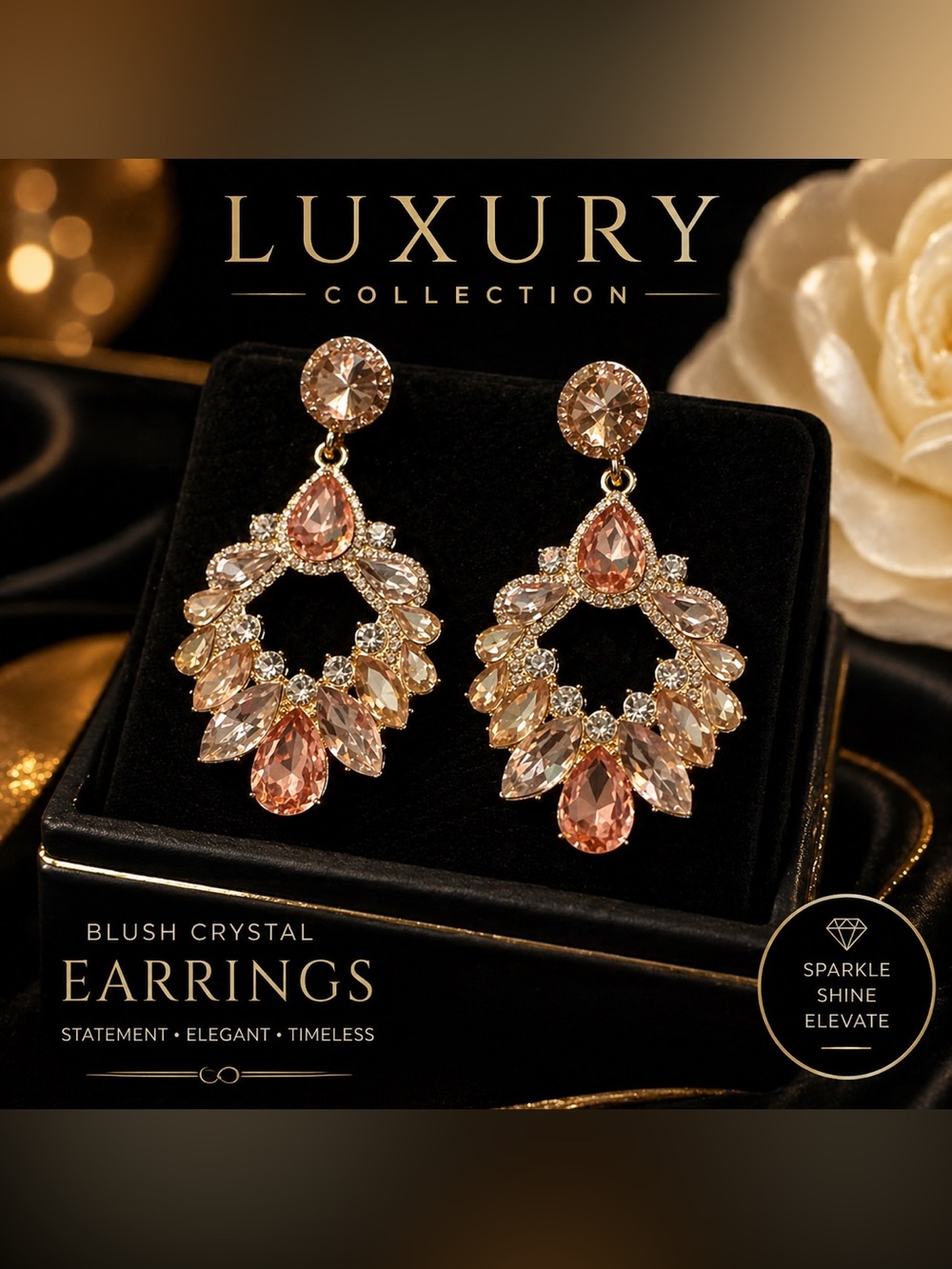 Blush Crystal Statement Drop Earrings | Glam Rhinestone Chandelier Earrings